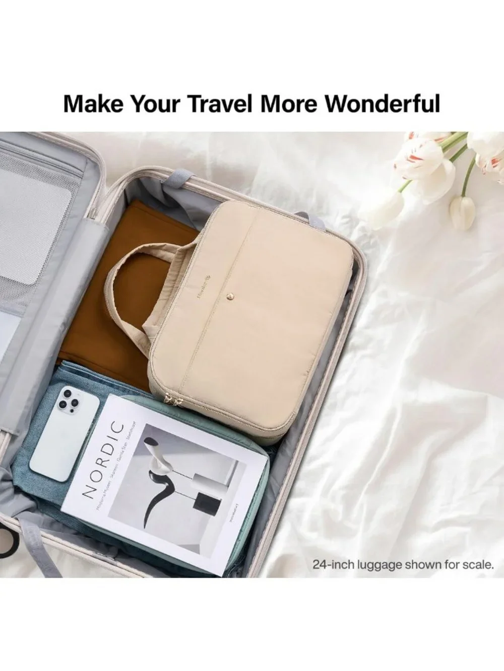 Travel Toiletry Bag with Jewelry Organizer - Hanging Design, Apricot Color